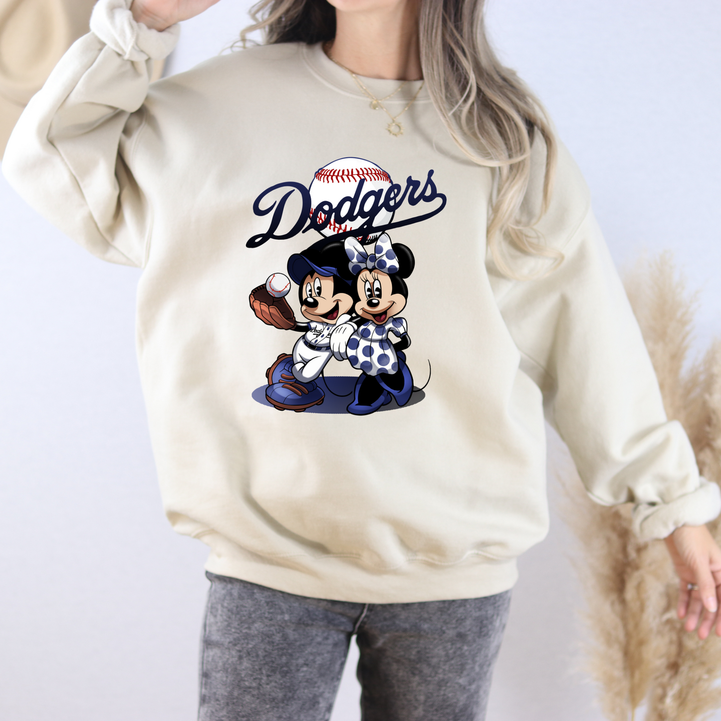 Adult Dodgers Baseball Mickey and Minnie Graphic Sweater