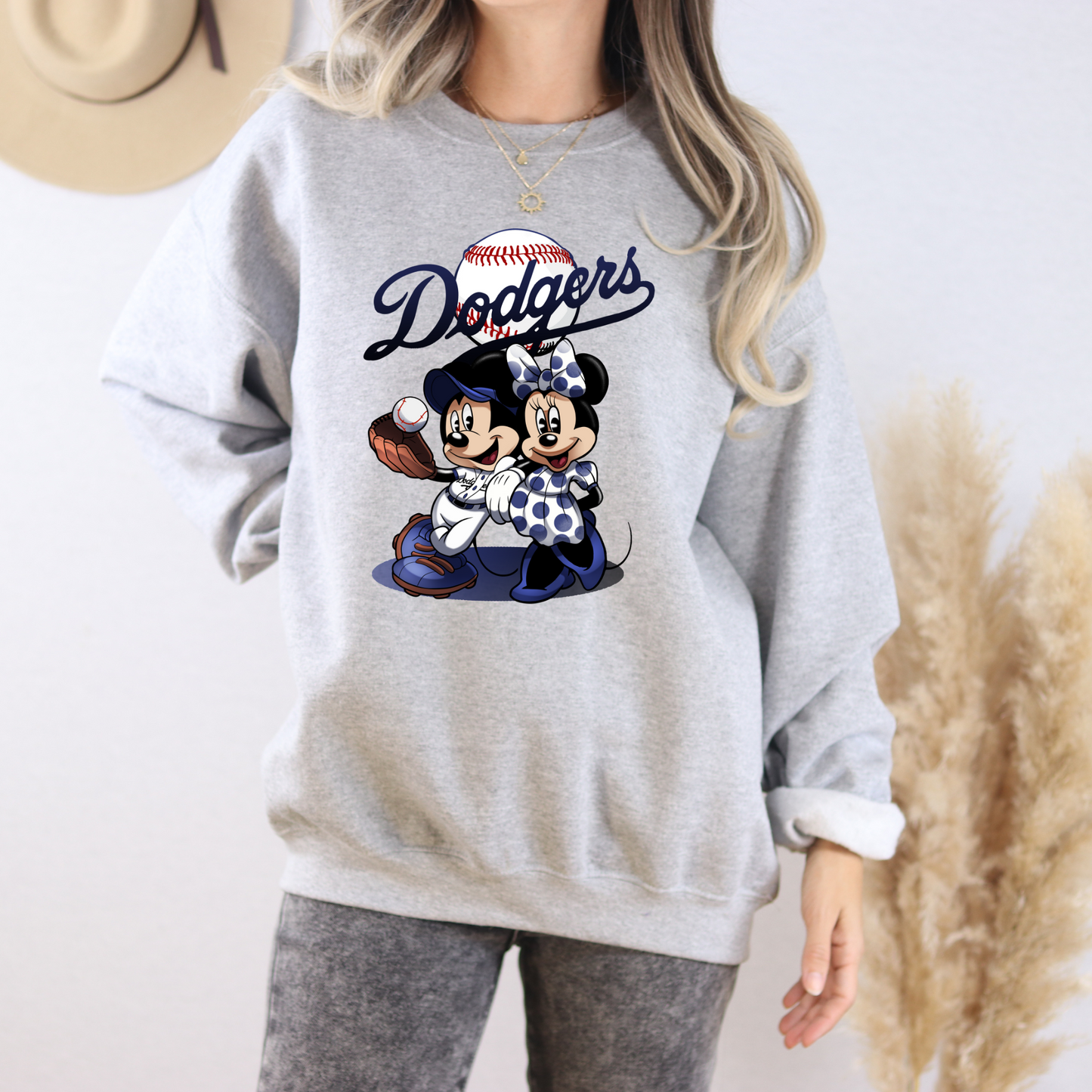 Adult Dodgers Baseball Mickey and Minnie Graphic Sweater